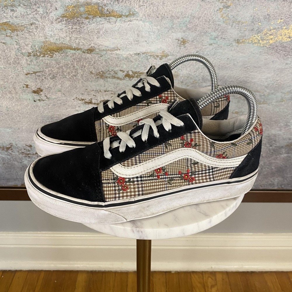 Vans Old Skool Shoes Womens Size 7.5 Multicolor Check Floral Suede Low Top